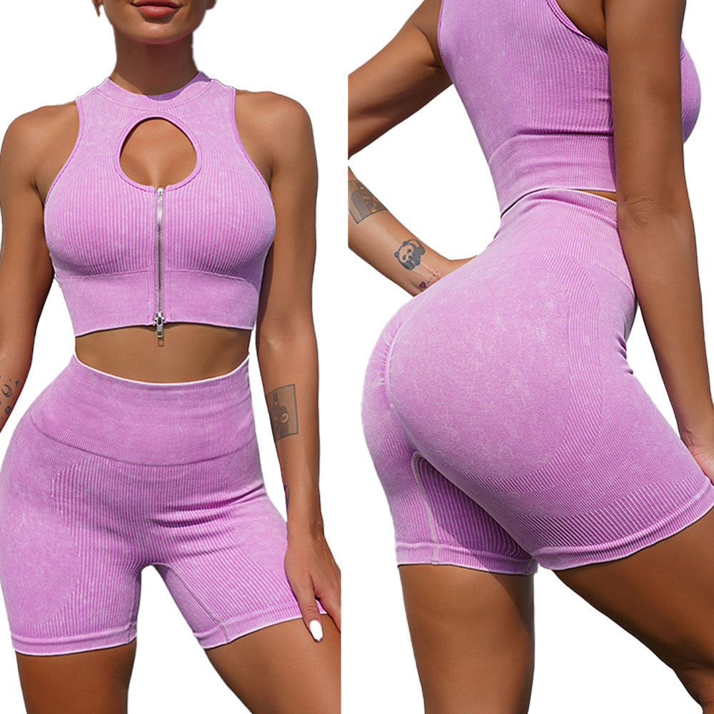 Baller Babe Ribbed Keyhole Crop Top with Shorts Purple