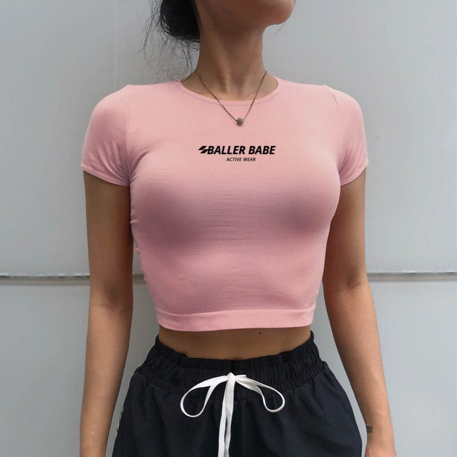 pink basic tshirt with baller babe logo activewear