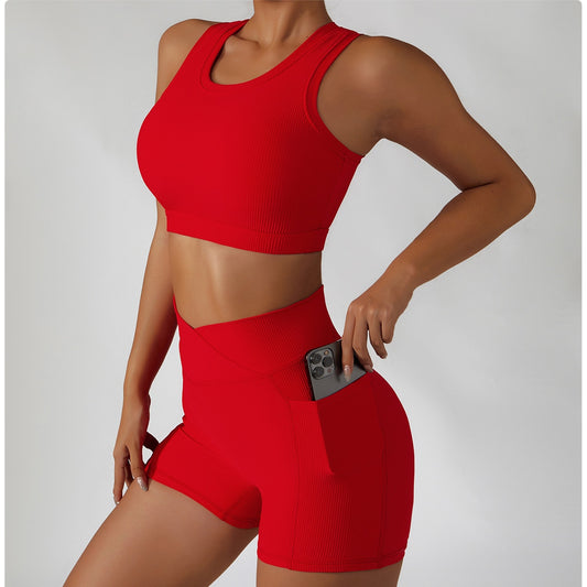 red crop top and red shorts with pocket activewear set australia