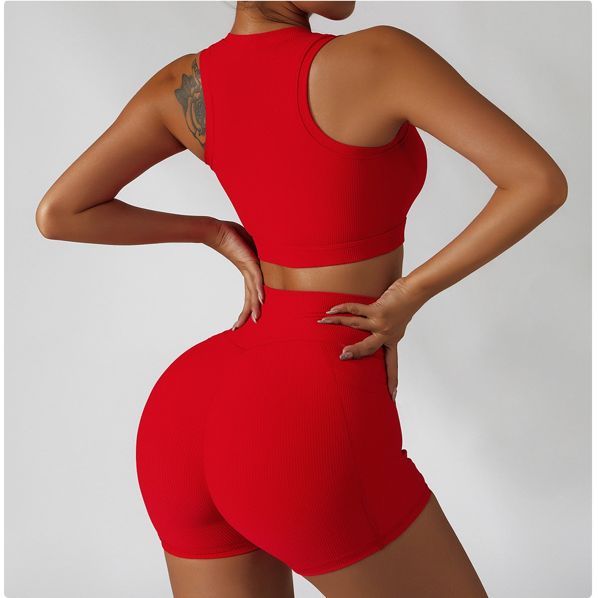 red crop top and red shorts with pocket activewear set australia