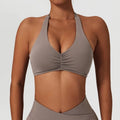 grey rusched muscle cleavage crop top for sport