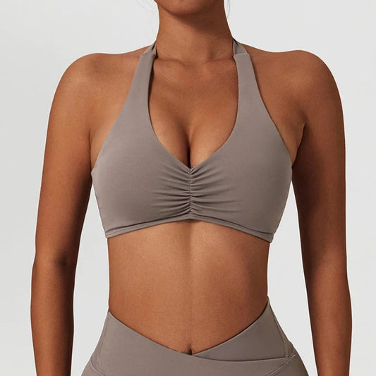 grey rusched muscle cleavage crop top for sport