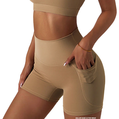 biege yoga shorts with pockets bike pants for women