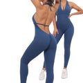 blue yoga gymwear bodysuit women posing with scrunch 