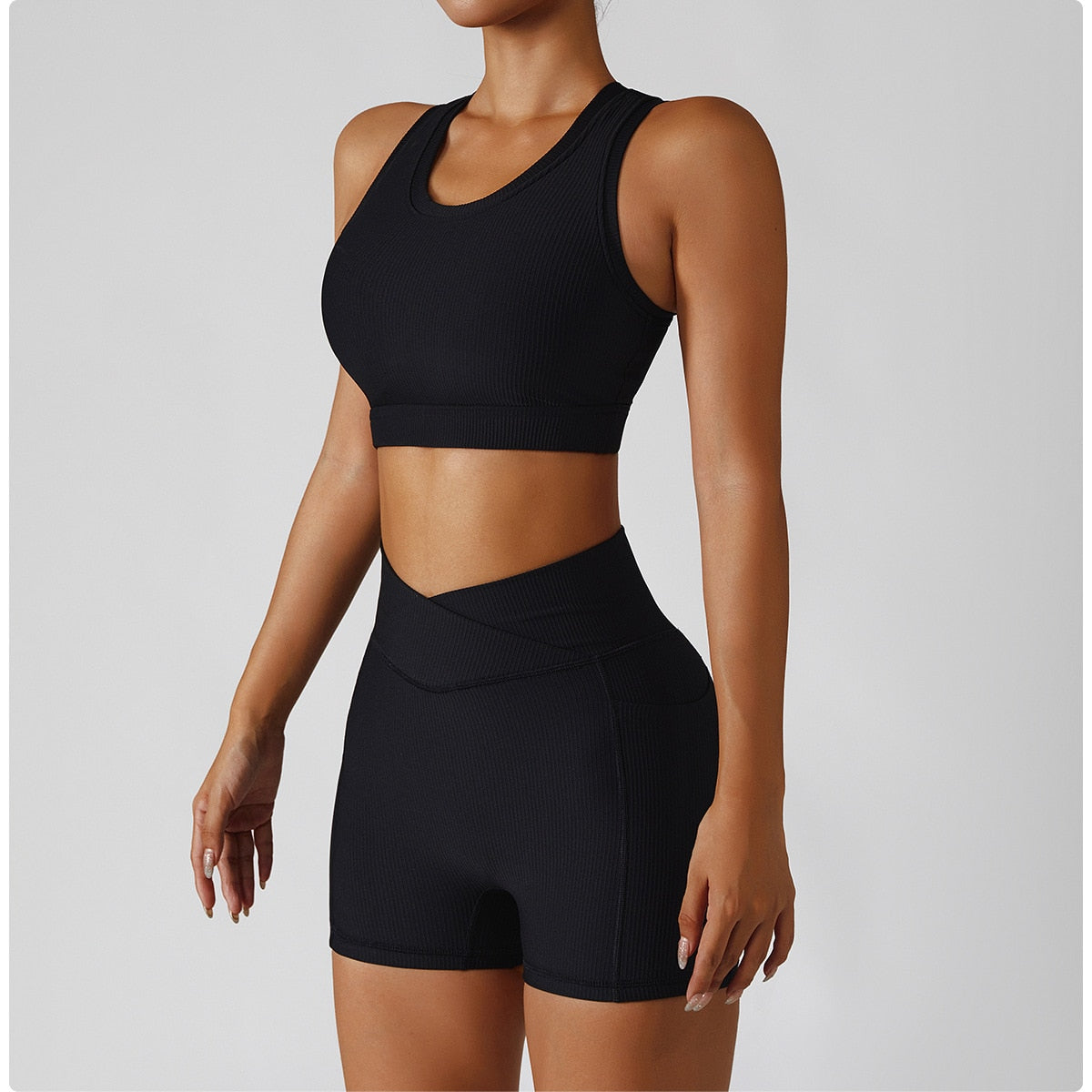 black crop top and red shorts with pocket activewear set australia