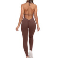 Baller Babe Halter Bodysuit Open Back V Scrunch - Chocolate