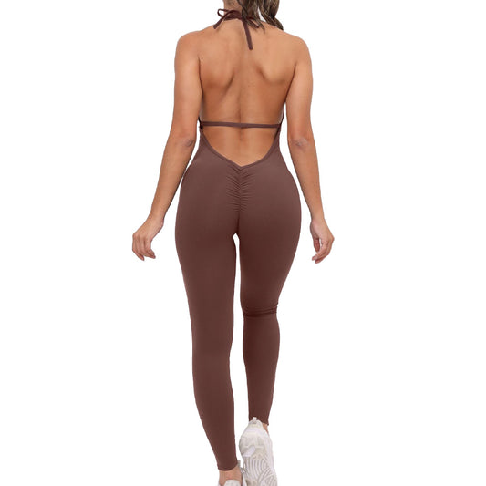 Baller Babe Halter Bodysuit Open Back V Scrunch - Chocolate