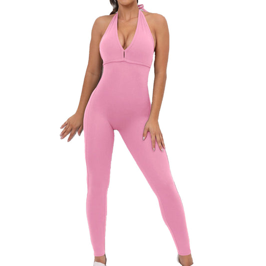 Baller Babe Halter Bodysuit Open Back V Scrunch Pink