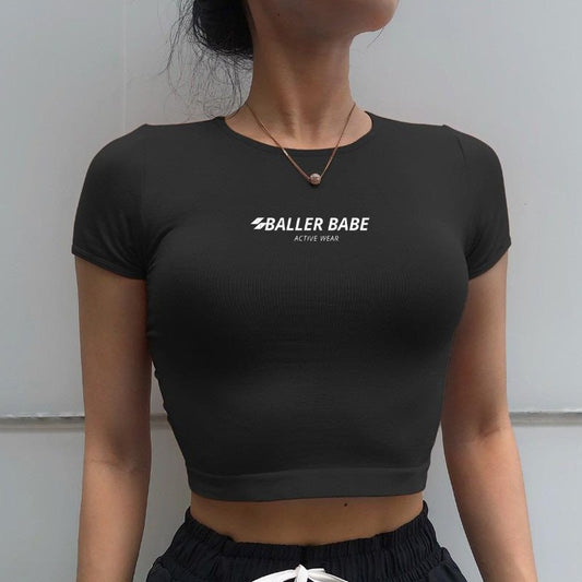 black crop top shirt baller babe active wear logo